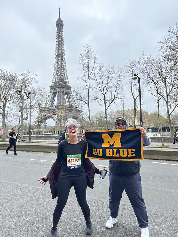 Madeline Campbell, ’13, and Kasey King, ’10, took the time to “Go Blue!” at the Paris Marathon.