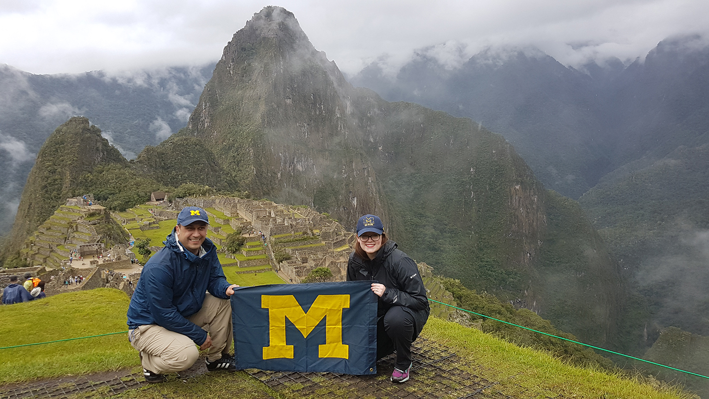 Jason Kramb, ’99, MENG’00, and wife Katie Tamarelli, ’07, MBA’12, posed with the Block M during a December 2018 holiday trip to Machu Picchu in Peru.