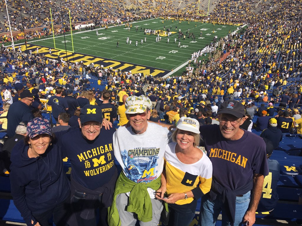 Five University alumni siblings reunited from around the country to cheer on the Wolverines at the Big House. From left to right: Nancy Kushman, ’87, ’94; Jim Kushman, ’67; John Kushman, ’65, MBA’67; Cindy Kushman Hawn, ’77; and Steve Kushman, ’72.