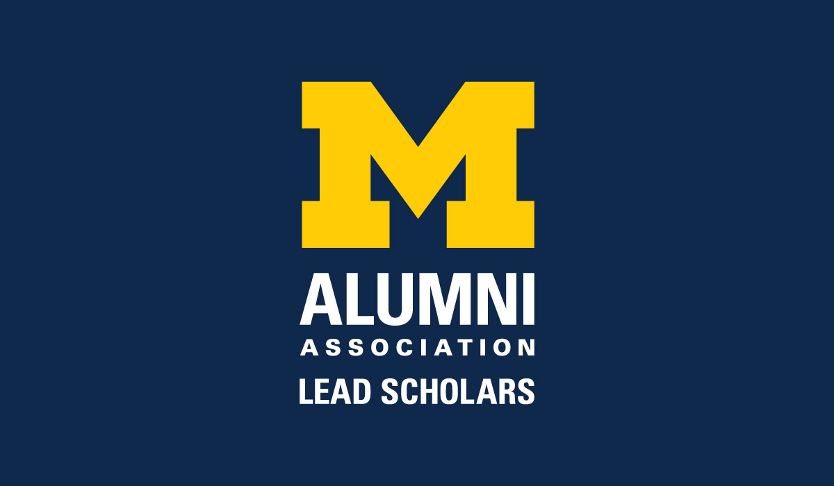 Logo for the LEAD Scholars program, which features a maize Block M above white text that says "Alumni Association" on one line and "LEAD Scholars" on another.