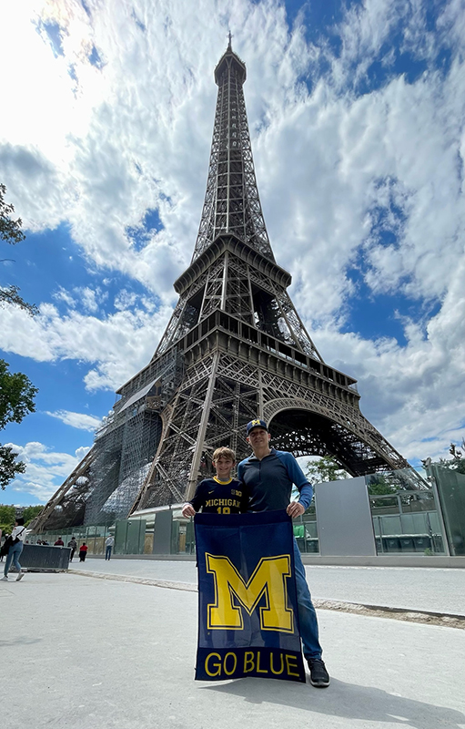 Levine RBrian Levine, ’96, and his future Wolverine son showed love for U-M during a trip to Paris.