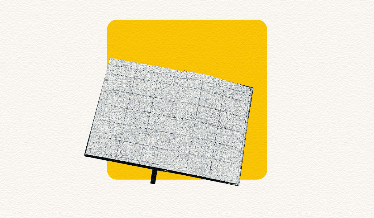 An illustration with a cream-colored, textured background and a maize box that features an open notebook.