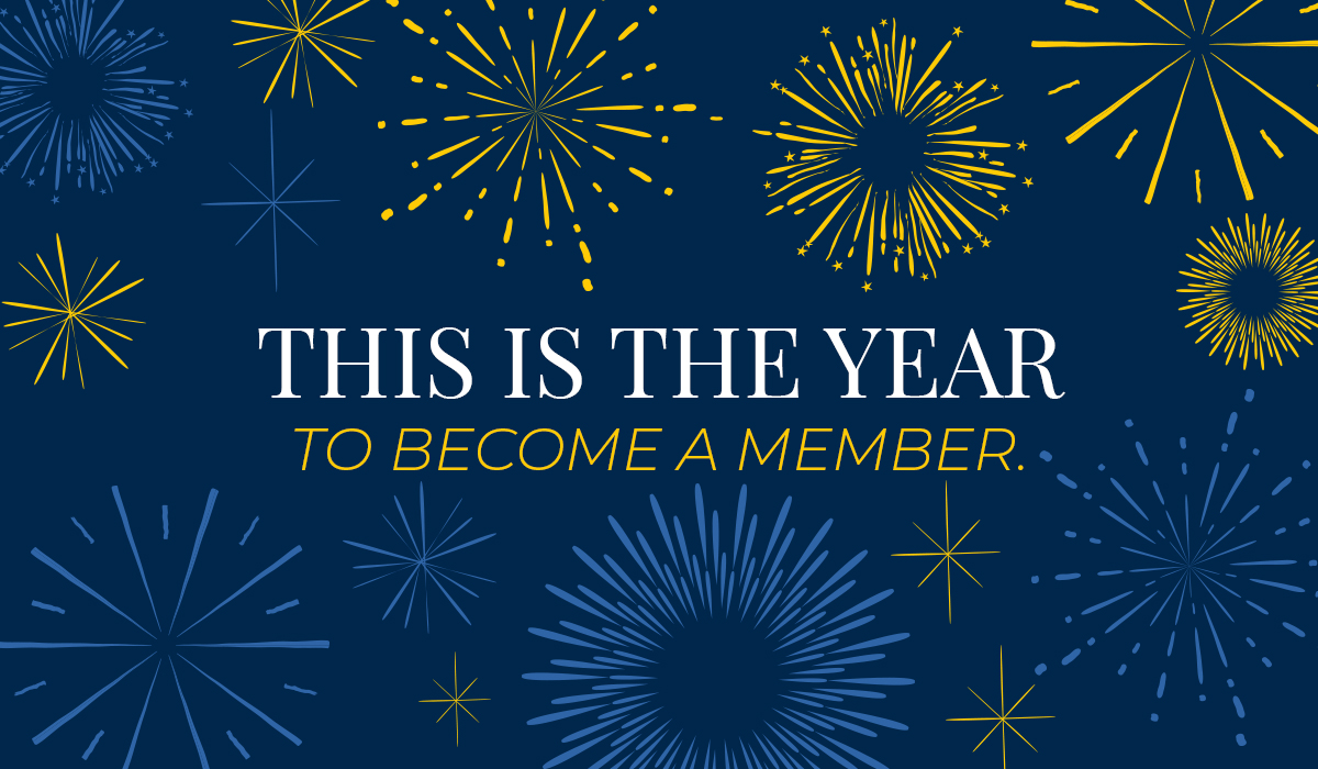 Graphic with fireworks illustrations and text that says, "This is the year to become a member."