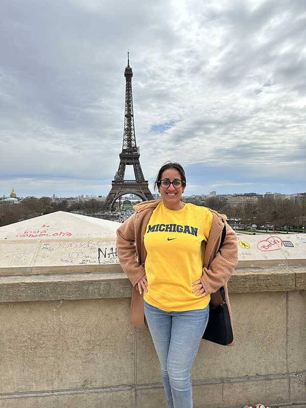 U-M Dearborn graduate Priya Marwah, ’98, represented the Maize and Blue in Paris during a recent trip.
