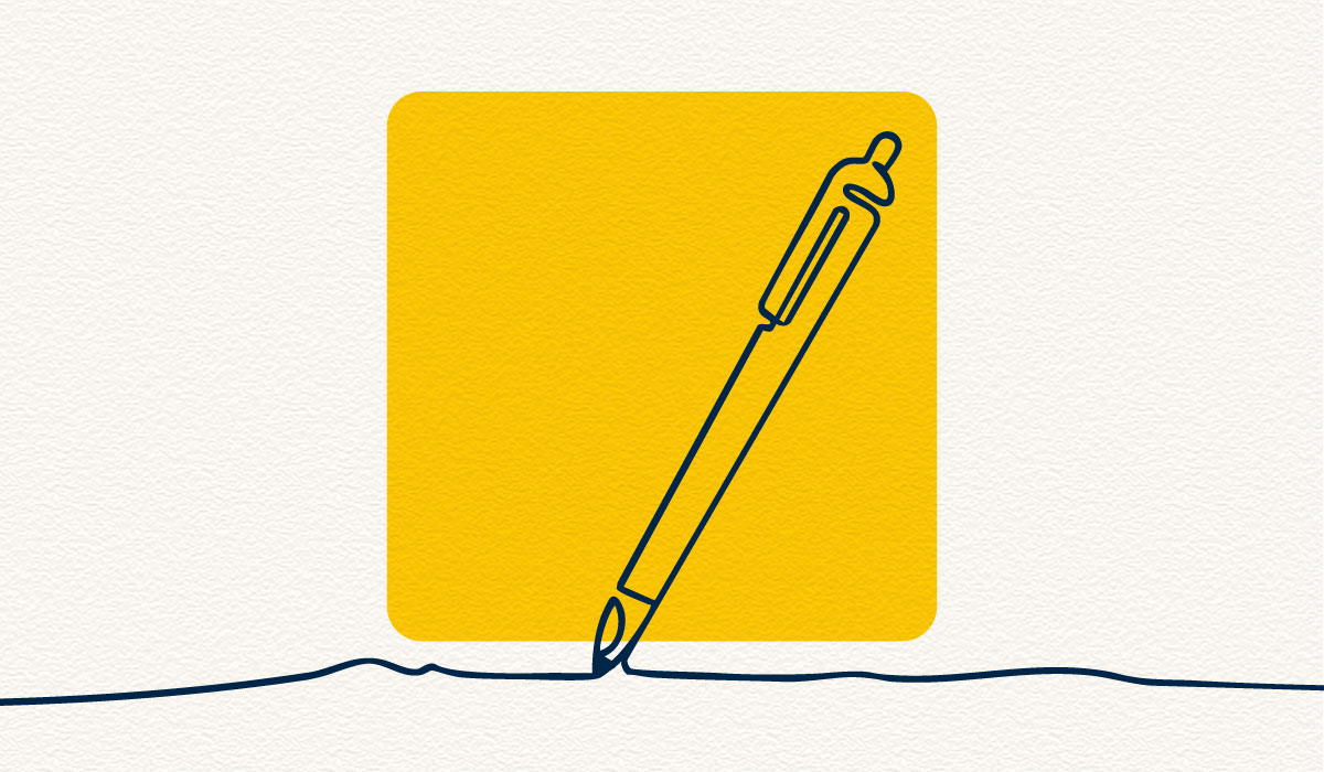 An illustration with a cream-colored, textured background and a maize box that features a pen with a horizontal line attached to it.
