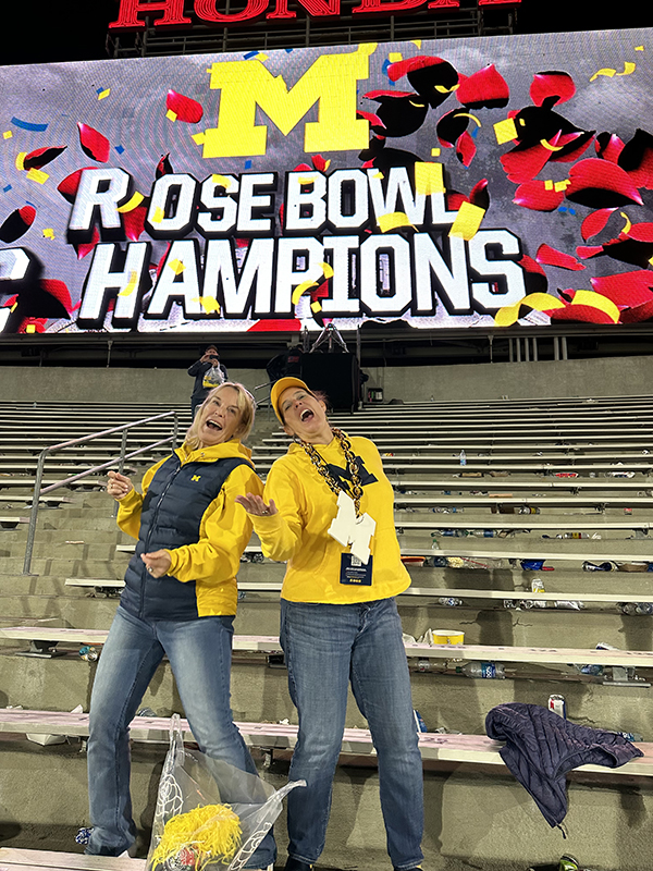 After the Wolverines’ victory over the Alabama Crimson Tide at the Rose Bowl in January, Marty Maugh, ’83, and Sarah Maugh Greifenberger, MBA’89, danced until they were kicked out.