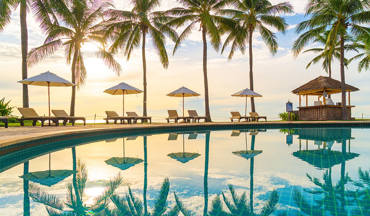 A pool reflects palm trees that stand alongside it