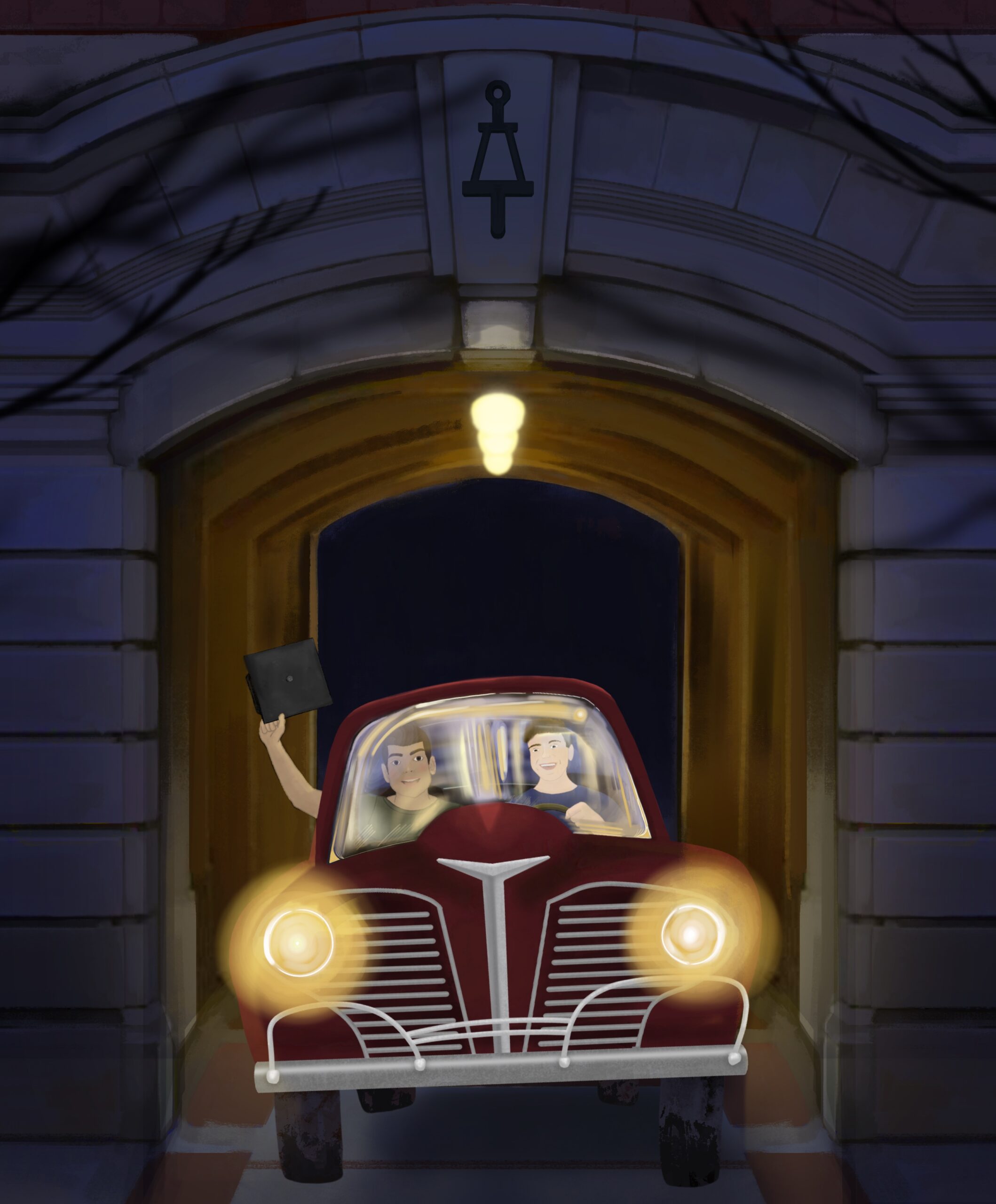 An illustration of two students riding in a maroon car through an archway at night. One student is holding a graduation cap out the window.