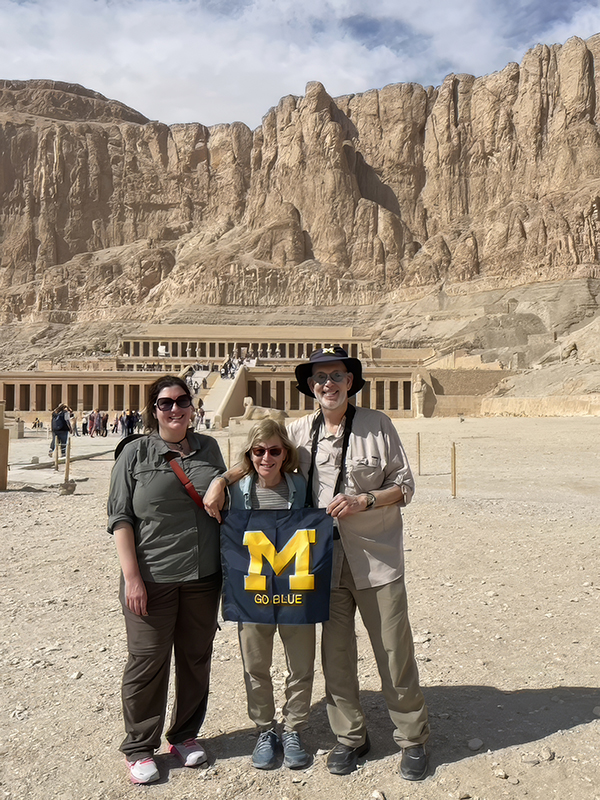 Amy Frank, ’00, MPH’04, MSW’04, Sara Frank, ’71, and Michael Frank, ’71, MD’75, visited Egypt in 2023, including a stop at the Hatshepsut Temple in the Valley of the Kings.