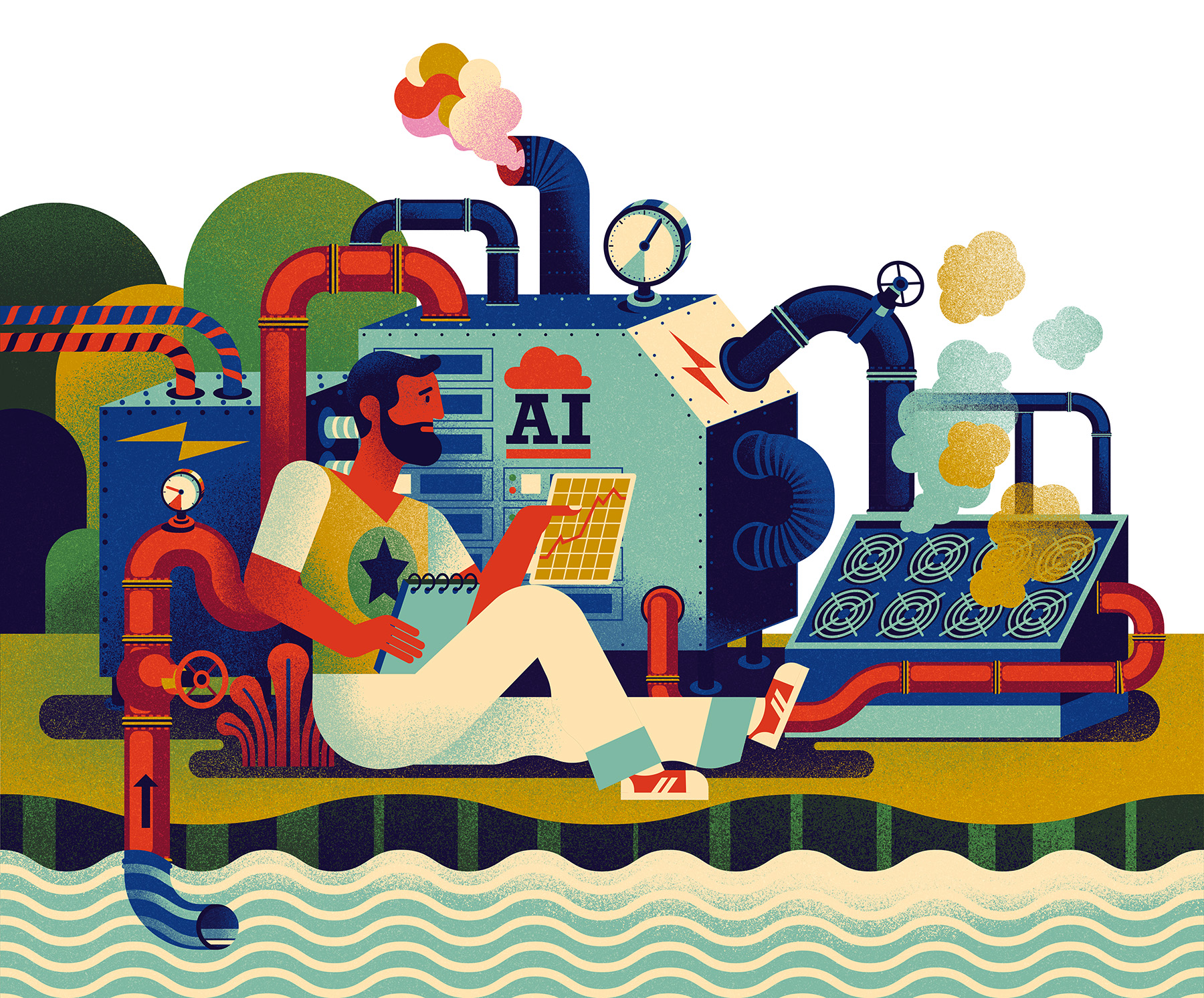 Illustration of a man sitting next to a machine with pipes and wires, and one pipe stuck into a nearby river.