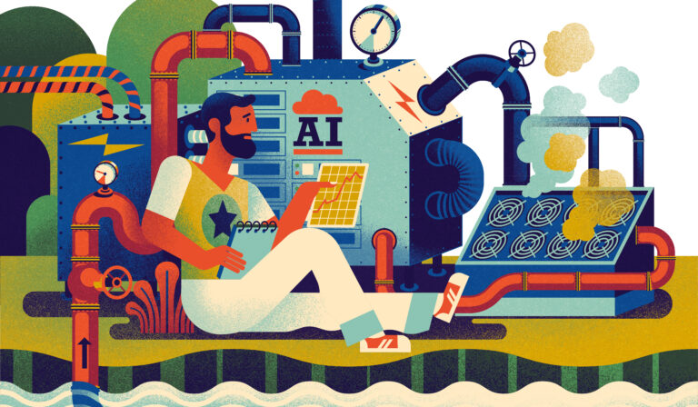 An illustrated man sits next to a complex machine with tubes and wires, next to a river.