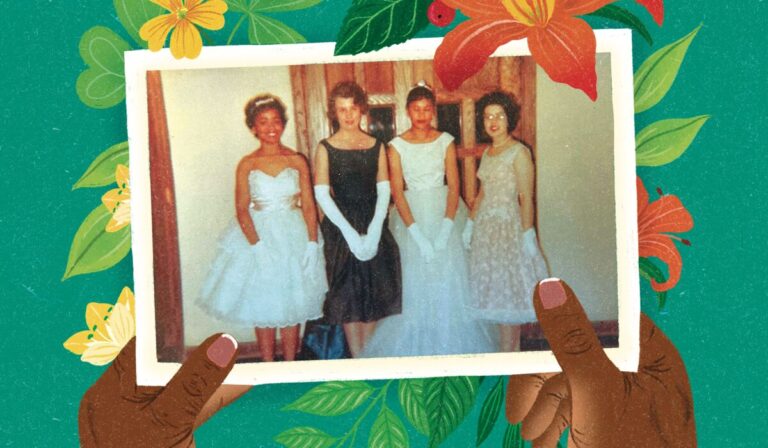 Four students pose for a photo in formal outfits. Two older Black hands are illustrated holding the photo.