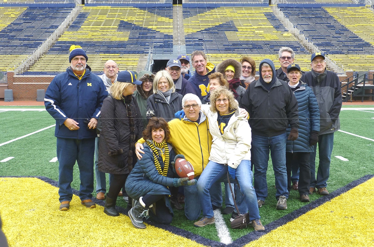 In November 2018, a group of 1970s alumni reunited to tour Ann Arbor, including stops at Michigan Stadium, Gandy Dancer, and Pizza Bob’s. Participants included the following, although all are not included in this photo: Ron Brociner, ’75; Matt Caputo, ’77; Karen Caputo, ’75; Marlene Davenport, ’75; Sam Field, ’74, JD’77; Shon Field, ’73; Mike Forster, ’71, JD’74; Diane Ichihashi, ’76; Jeff Kirchhoff, ’76; Ben Mescher, ’76; Diane Morawa, ’76; Joe Payne, ’76; Karen Peterson, ’77; Mike Peterson, ’75, JD’78; Jim Prior, ’76; Amy Shapiro, ’77; Brigid Sullivan, ’73, MS’77; Herb Trix, ’75; Chuck White, ’75; and Kris White, ’75.