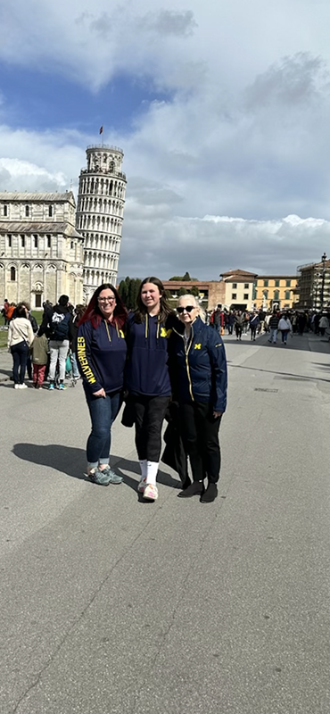 Nancy Johnson, MSW’79, traveled with his daughter, Allison, and granddaughter, Addy, on a trip to Pisa, Italy, in April 2023.