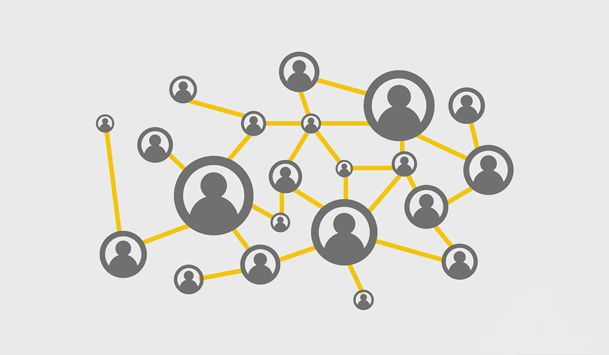 A web of grey-silhouette headshots connected by yellow lines