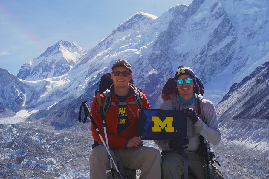 Grant Norstrom, ’17 (left), and Adam Levine, ’17—both recent Michigan 2017 graduates! Exactly two weeks after graduation, the two were excited to represent the University of Michigan as alumni at 17,600 feet in the Himalayas. Their trek lasted 14 days and went to the South Base Camp of Mount Everest. Along the way, they met two Michigan alumni and one current master’s student!