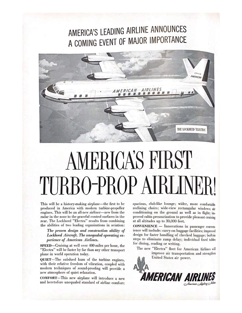 Nov 1955 Ad reading "America's First Turbo-Prop Airliner!"