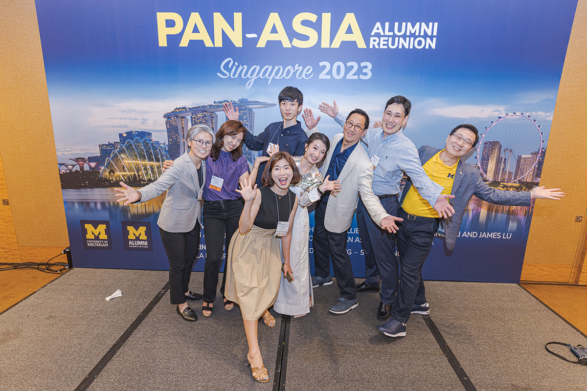 U-M President Santa Ono and others pose for a photo at the 2023 Pan-Asia Alumni Reunion