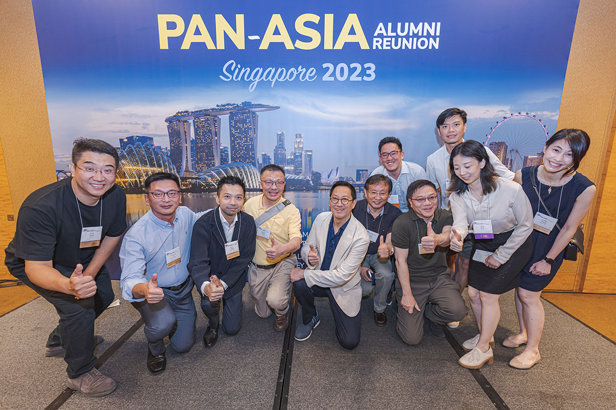 U-M President Santa Ono and others pose for a photo at the 2023 Pan-Asia Alumni Reunion