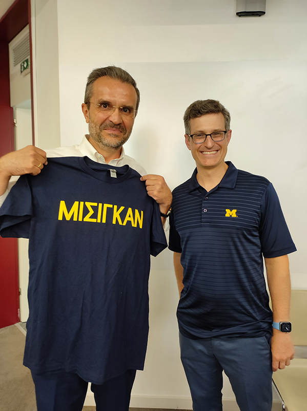 During a training trip in Greece, Brian Pappas, ’00, MPP’03 (right), connected with Kostas Axarloglou, PhD’95, dean and professor of international business and strategy at the Albas Graduate Business School at the American College of Greece.