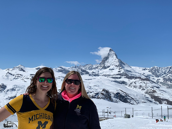 Former U-M roommates Rebecca Pawlik, ’03, and Heidi Wegmueller, ’03, traveled to Switzerland in April 2019 and took in the majesty of the Matterhorn.
