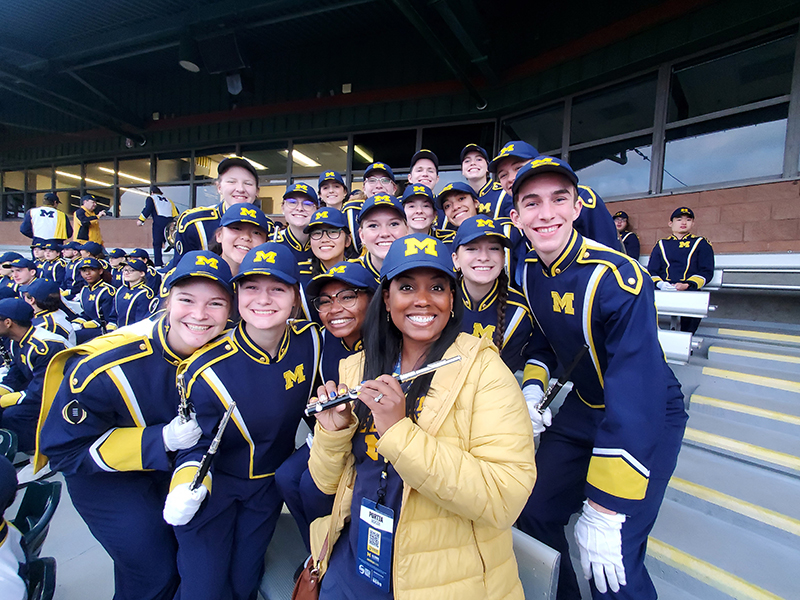 During the Alumni Association’s Fiesta Bowl pep rally in Scottsdale, Arizona, this December, Michigan Marching Band alumna Portia Jackson, ’04, took an opportunity to get back in the piccolo groove.