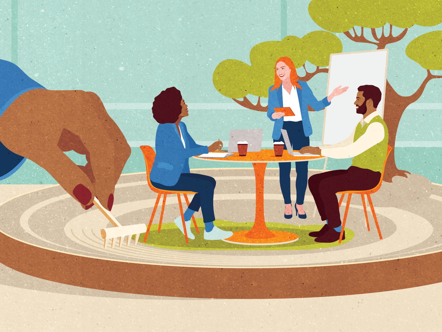 An illustration of working people sitting at a table with one standing at a white board, and the whole scene is set on a zen garden with a large hand combing the sand