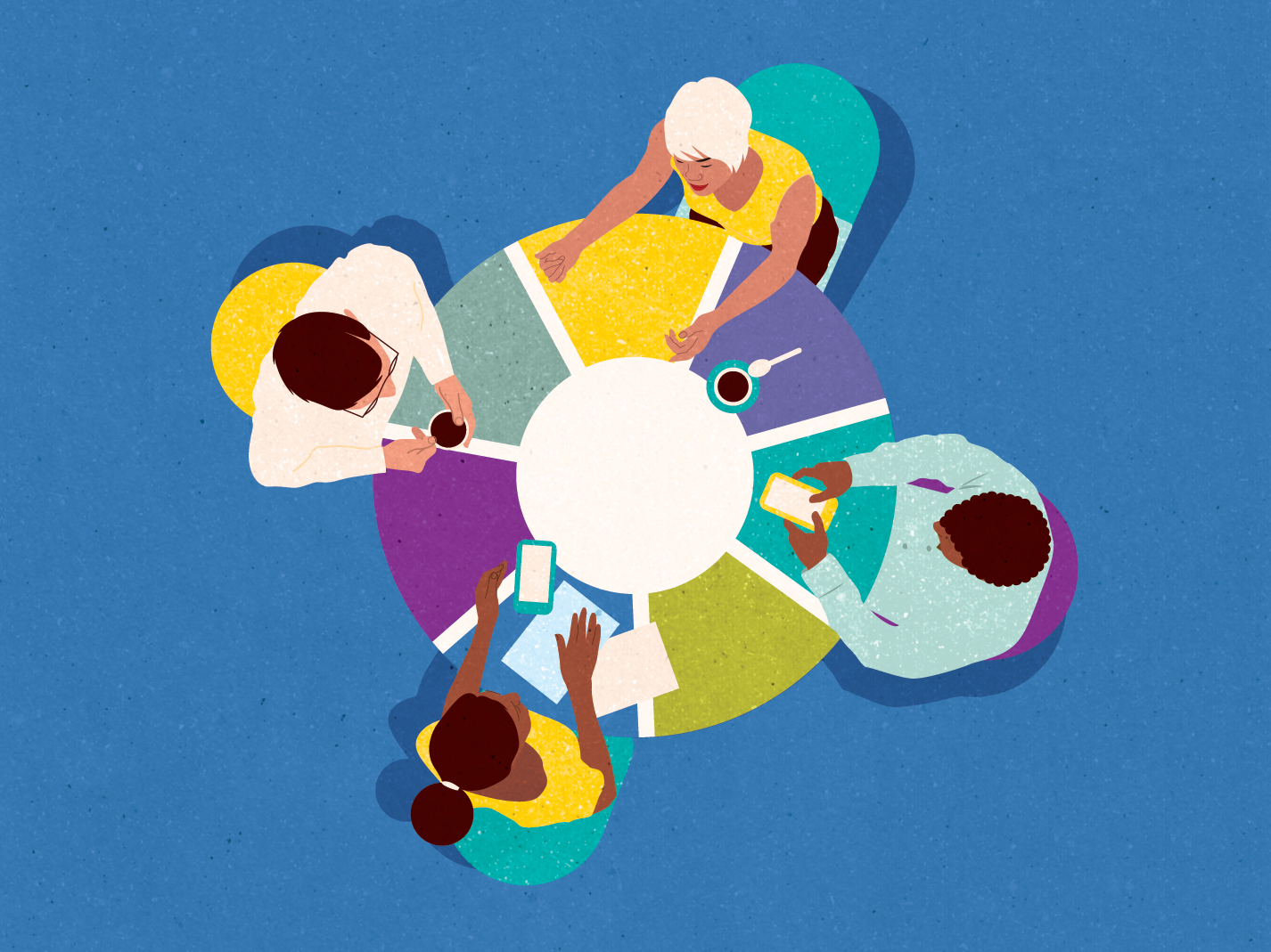 An illustration of working people sitting around a table that is the shape and colors of the "Mindful Mindset" graphic.