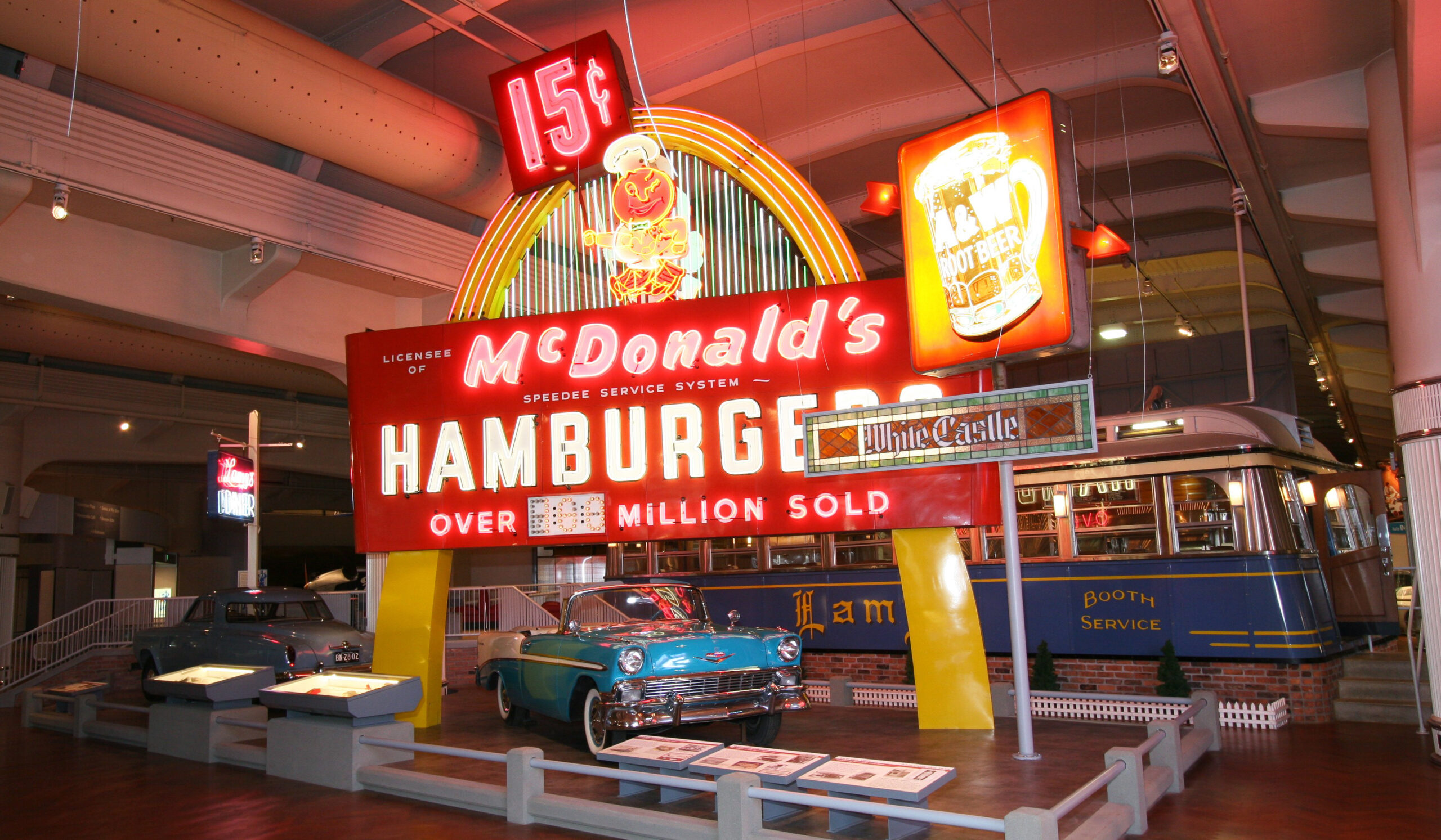 A huge illuminated McDonald's sign from the 1960s on display in the Henry Ford Museum.