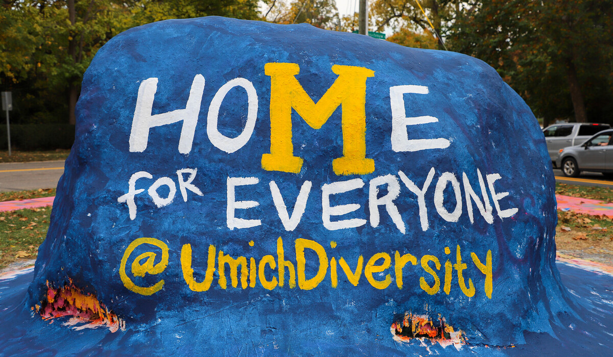 The Rock on Washtenaw Ave. painted with "Home for Everyone @UMichDiversity"