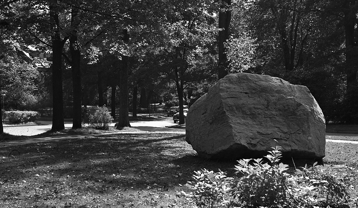Black and White photo of "The Rock" at the corner of Washtenaw and Hill, circa 1938