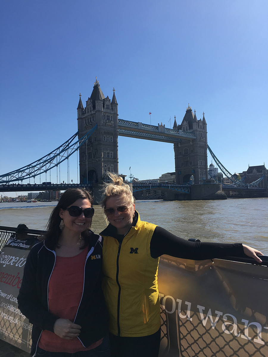 Emily Roschek, ’03 (left), and Trisha Rich, JD’05 (right), visiting Tower Bridge in London, England, during the Chicago Bar Association’s annual international bar trip in April 2017.