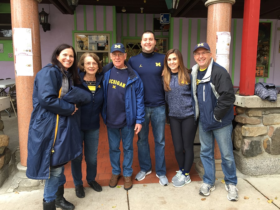 Three generations of married Michigan alums gathered (as they often do) at Dominick's for festivities before the October 2017 football game against Rutgers, in Ann Arbor: Tom Smith, MD'62 and Lesley Canada Smith, ’59, Al Rossi, ’85, and Kim Canada Rossi, ’85, Ryan Rossi, ’13, and Christine Vetere Rossi, ’14.