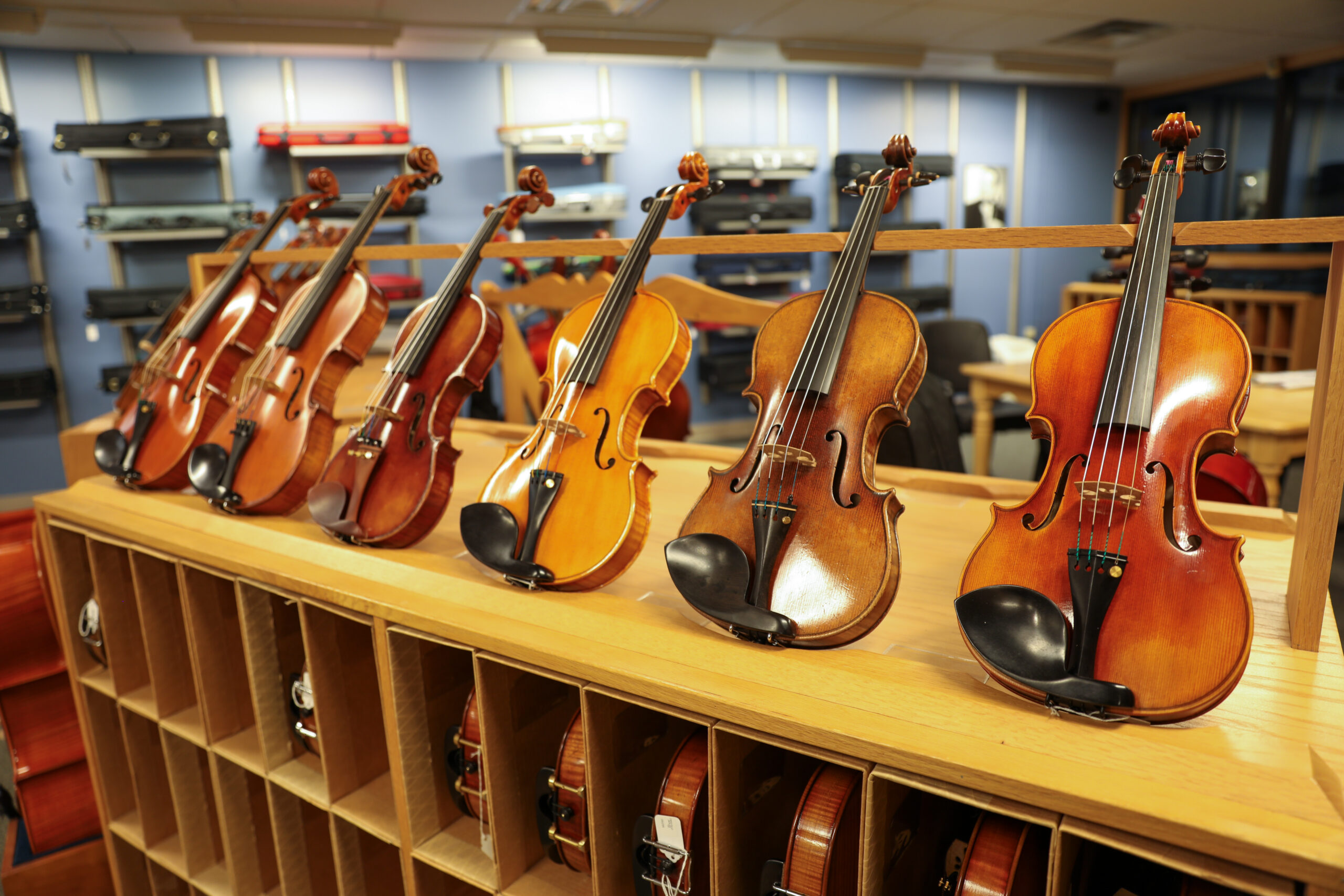 A row of violins are displayed atop a wooden display case at Shar Music in Ann Arbor.