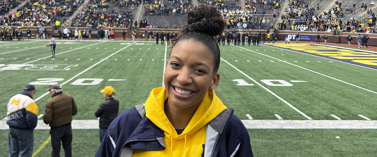 Adetola at the Big House for the Michigan Football Maize and Blue Spring Game in March 2022.
