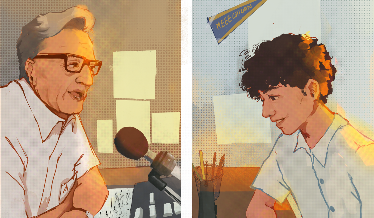 An illustration of Bob Ufer (left) speaking into a microphone with notes on his desk. On the right is a young Michigan student listening to the radio. The banner on his wall reads "Meeechigan".