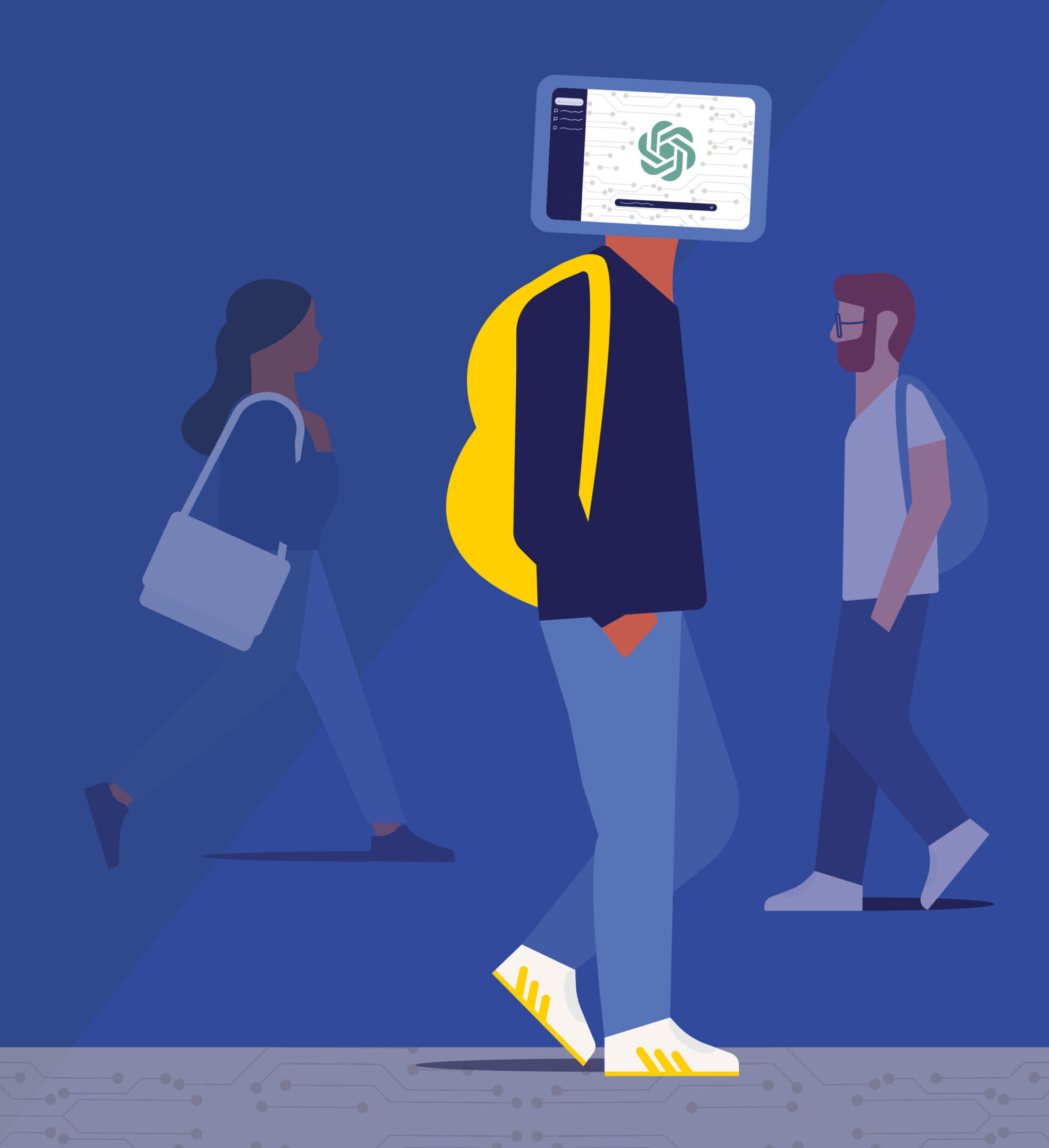 A student in blue with a yellow backpack, walking to the right, has a ChatGPT screen in place of a head. There are two other students in the background walking in each direction.