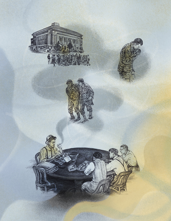 Four drawn scenes on a faint maize-and-blue field: an anti-war gathering at Hill Auditorium during WWII; a soldier cradling and kissing his newborn son; a pair of soldiers helping each other walk along; and a gathering of 1940s-era Michigan Daily journalists around an office table 