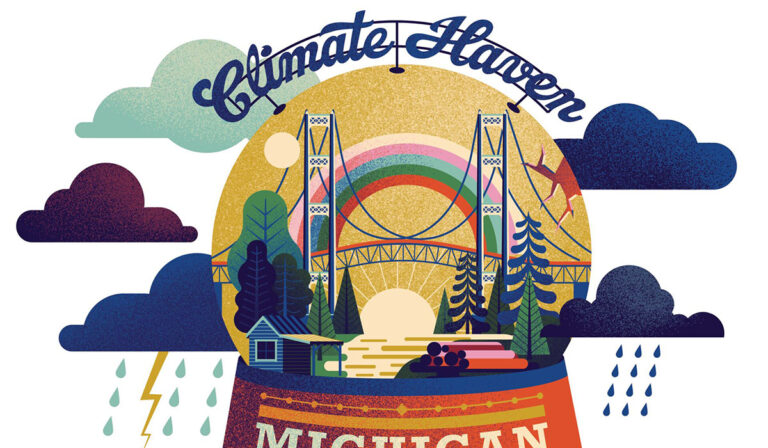 Illustration of a snow globe depicting Michigan as a "Climate Haven." Inside the snow globe is a sunny, picturesque panorama of scenes representing the state, while outside the globe is surrounded by stormy weather. A crack is visible in the glass globe.