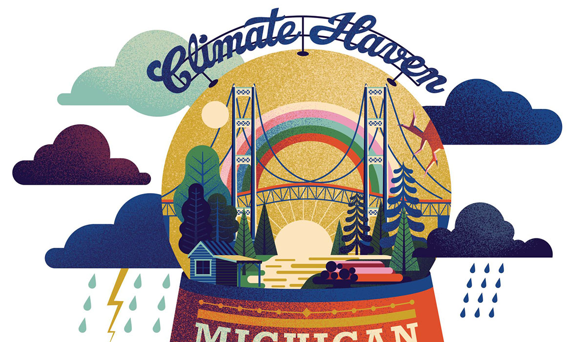 Illustration of a snow globe depicting Michigan as a "Climate Haven." Inside the snow globe is a sunny, picturesque panorama of scenes representing the state, while outside the globe is surrounded by stormy weather. A crack is visible in the glass globe.