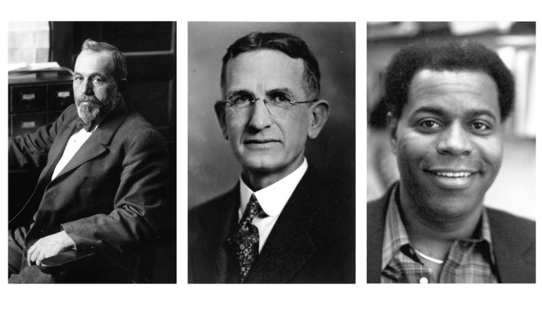 Collection of three black-and-white photographic portraits depicting major figures in the history of SEAS: Filibert Roth, 1890; Samuel T. Dana, HLLD'53; and Bunyan Bryant, MSW'65, PhD'70