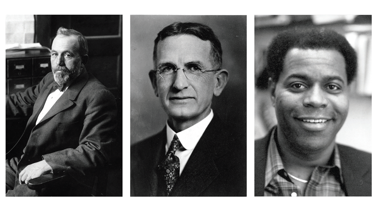 Collection of three black-and-white photographic portraits depicting major figures in the history of SEAS: Filibert Roth, 1890; Samuel T. Dana, HLLD'53; and Bunyan Bryant, MSW'65, PhD'70