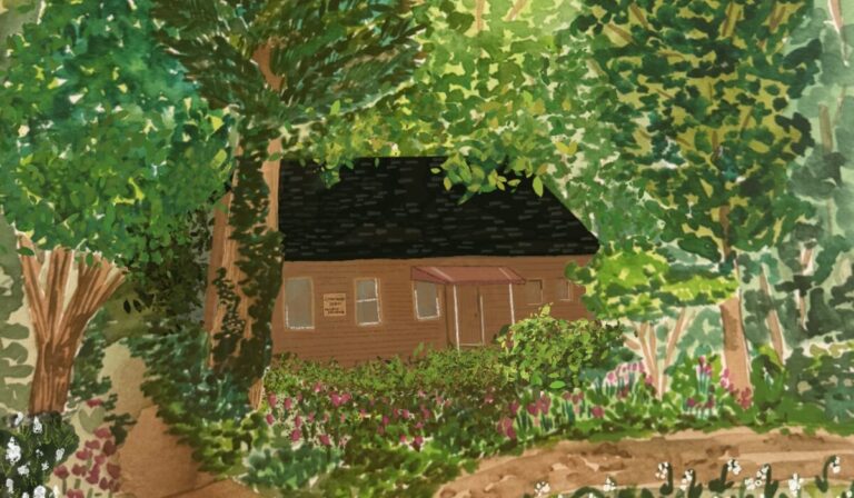 Mixed media image of hand-painted watercolor forest foliage surrounding a digitally painted residential cabin