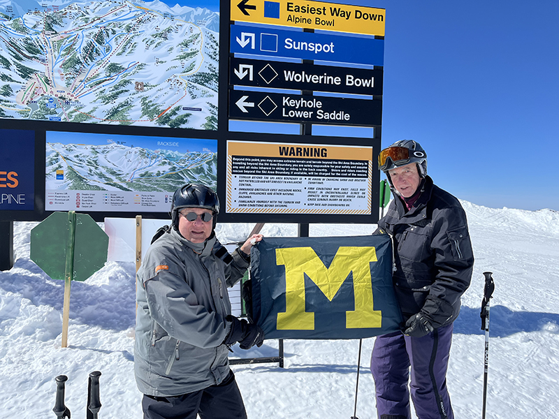 Peter Salamon, ’65, MD’67, MDRES’69, and Michael Schermer, ’65, MD’69, MDRES’70, brought the right stuff to ski the Wolverine Bowl at Alpine Meadows in California.