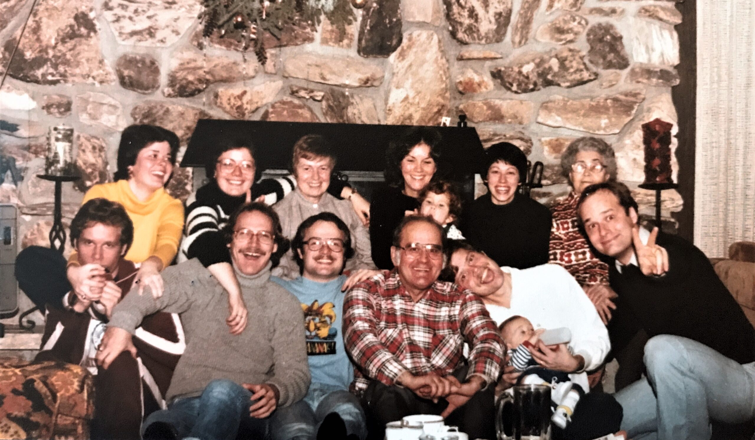 The Sarosi Family gathered in front of a stone fireplace for a photo, all with big smiles.