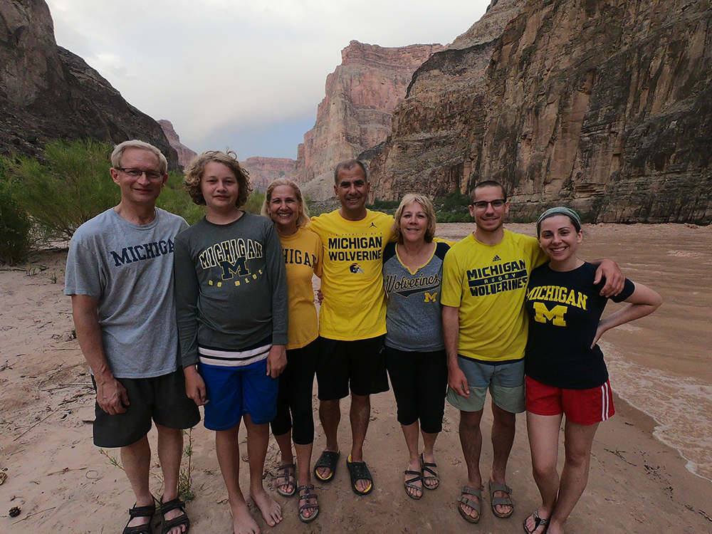 A group of alumni visited the Grand Canyon. In the photo are: husband and wife Steve, ’85 and Kathleen Dunivin Schmitt, ’85; their son Colin; Steve’s brother, Kevin Dunivin, ’82; Kevin’s wife, Carolyn Moore, DDS’82; Keivn and Carolyn’s daughter, Taylor, ’14; and Taylor’s boyfriend, Mark Borowski, ’14.