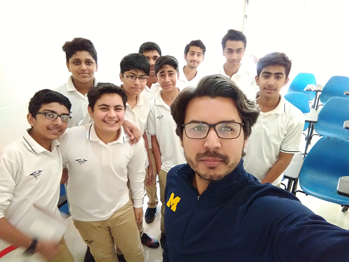 When asked about his shirt, Qasim Shamim, MA’18, gladly shared his U-M experience with his eighth-grade students at Super Nova School Islamabad in Pakistan.