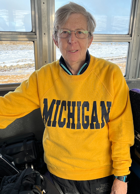 During a recent trip to Churchill, Canada, Roberta E. Sonnino, ’73, delighted in seeing the local polar bears from the comfort of a polar rover vehicle and her U-M sweatshirt.