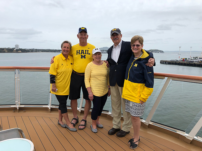 A group of U-M alumni became fast friends on the Viking Orion cruise of Australia and New Zealand. Pictured here docked in Auckland, New Zealand, from left to right, are Jackie Laughlin, ’72, and her husband, Tom, ’72; Donna Timmer, ’70; and Gerry Spencer, MBA’68, and his wife Colleen, MBA’92.