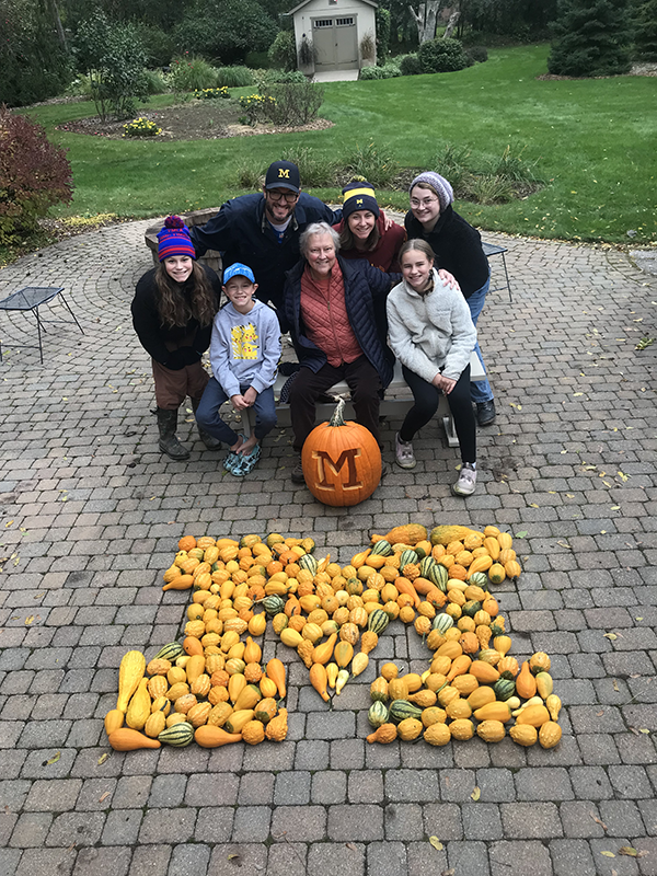 Albert Steck, ’77, sent in this “gourd”-geous portrait of his family from Scio Township, Michigan. In the back row, left to right: Andrew Steck, ’03, Becky Steck, ’03, and current student Hannah Ivie. In the front row, left to right: Front Row L-R: future Wolverines Rose Steck and John Steck, Vickie Steck, and future Wolverine Audrey Steck. Fun fact: Albert grew all the gourds in his own garden.